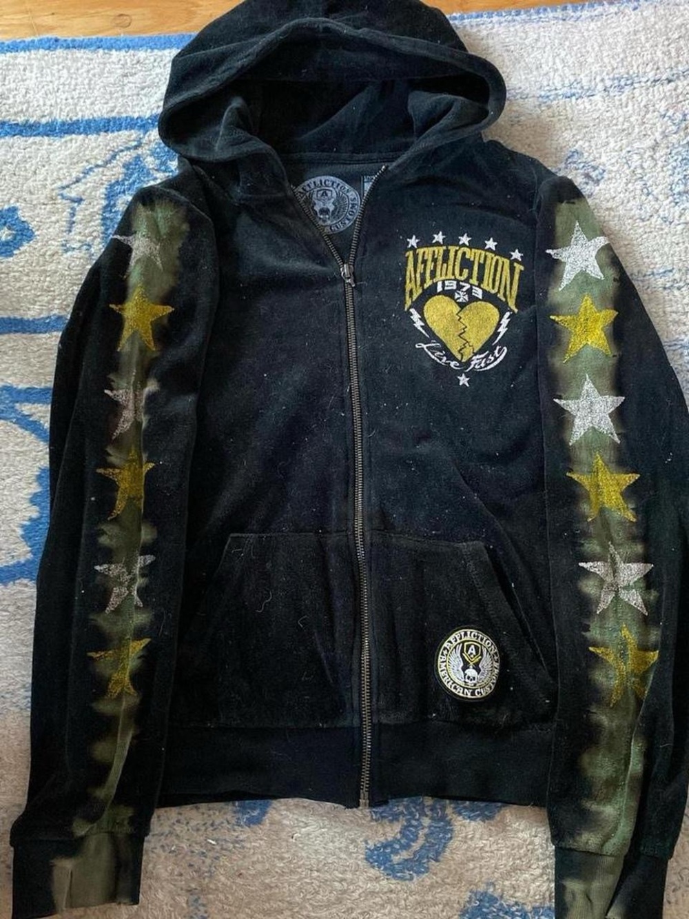 Affliction Black Zip Hoodie with Star Sleeve Graphics